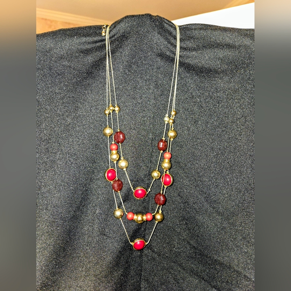 Stamped NY Opaque Oxblood Red & Goldtone Multistrand Station Necklace VINTAGE